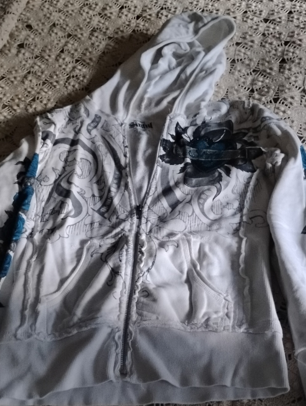Sinful White Zip Hoodie with Blue Floral Graphic